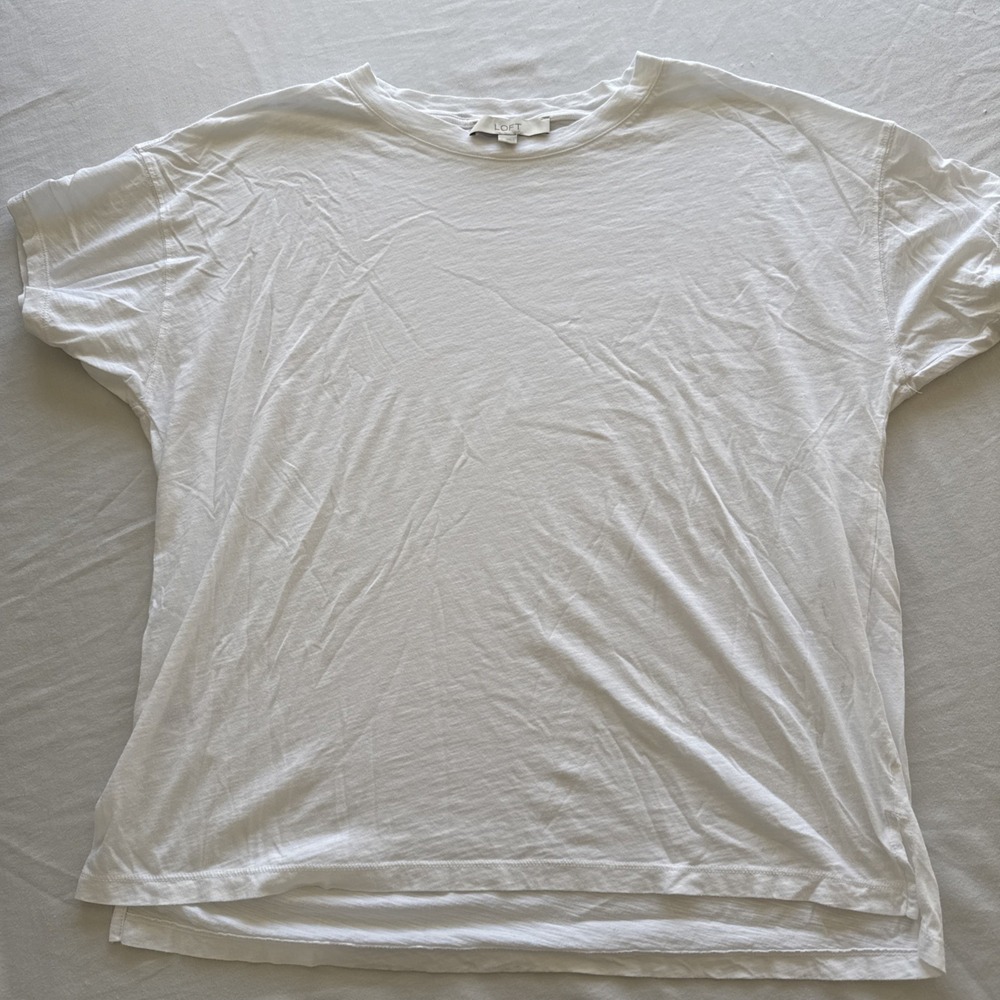 Loft Women White Short Sleeve Round Neck 100% Cotton T-Shirt Size L